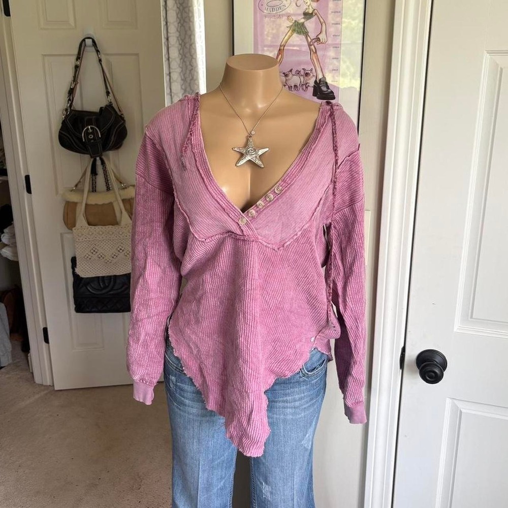 Anthropologie Pilcro Pink Thermal waffle knit Henley Hooded Top Size xs